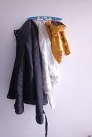 A Variety of Assorted Jackets Beautifully Hanging on a Rack for Viewing and Selection photo