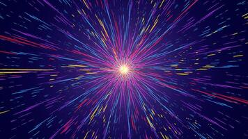 Abstract cosmic explossion. Speed of light in outerspace of galaxy. Hyperjump in space. Multicolored glowing neon rays of universe vector