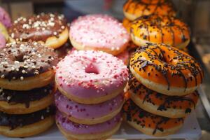 Indulge in these delicious assorted donuts, featuring colorful frosting and delightful sprinkles photo