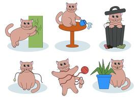 Set of problem with cat behavior. Kitten scratches, eat plant, pushes cup off the table, digs in the garbage, play with thread. Cute hand drawn flat illustration. vector