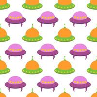 Alien spaceship, spacecrafts and UFO Seamless Pattern. Cosmic ship in form saucer for transportation. Children design. cartoon flat illustration. vector