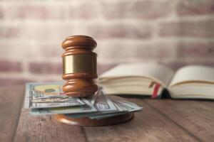 A judicial gavel placed upon a stack of money alongside an open law book for reference photo
