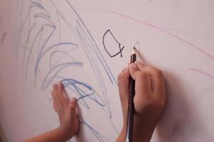 A Childs Creative and Imaginative Drawing on the Wall Featuring Colorful Sketches and Art photo