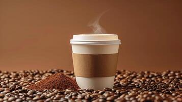 A cup of coffee with a white lid photo
