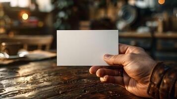 A hand holding a white card on a wooden table photo