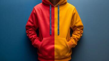 A person is wearing a red and yellow hoodie photo