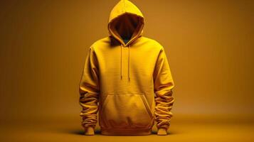 A man is wearing a yellow hoodie and standing in front of a yellow background photo
