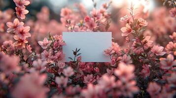 A white card is placed in the middle of a field of pink flowers photo