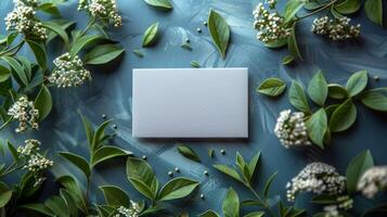 A white card with a logo on it is surrounded by green leaves and white flowers photo