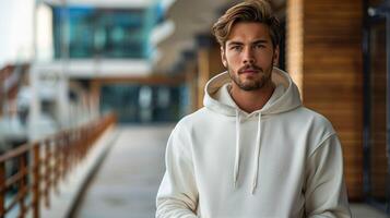 A man wearing a white hoodie stands on a sidewalk photo