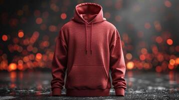 A red hoodie is displayed on a wet surface with a blurry background photo