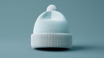 A blue and white knit hat with a pom pom on top photo