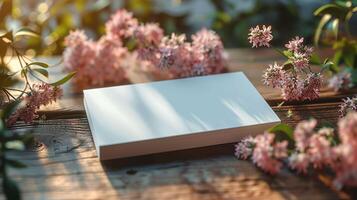 A white box sits on a wooden table with pink flowers surrounding it photo