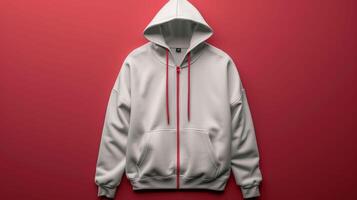 A white hoodie with red trim is displayed on a red background photo