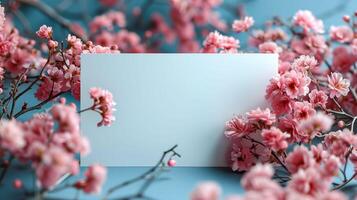 A white card with pink flowers surrounding it photo