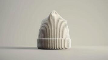 A white knit hat is sitting on a table photo