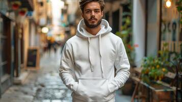 A man wearing a white hoodie stands in front of a building photo