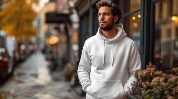 A man in a white hoodie stands on a sidewalk in front of a building photo