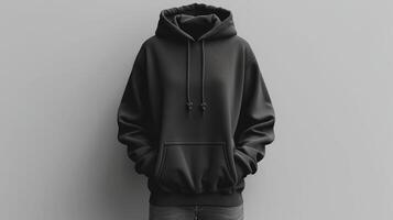 A hoodie is displayed on a grey background photo