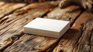 A stack of white business cards sits on a wooden table photo