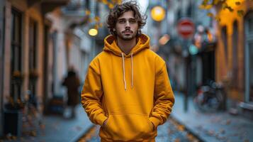 A man in a yellow hoodie stands on a sidewalk in front of a red sign photo
