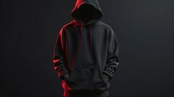 A hooded man is standing in front of a dark background photo