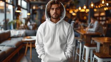 A man wearing a white hoodie stands in a cafe photo
