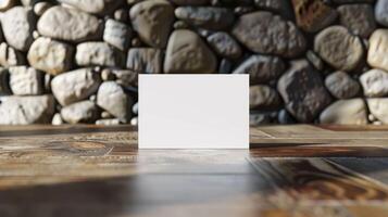A white card is sitting on a wooden floor in front of a stone wall photo