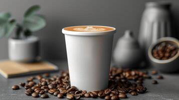A white coffee cup with a brown foam on top sits on a table with a pile of coffe photo
