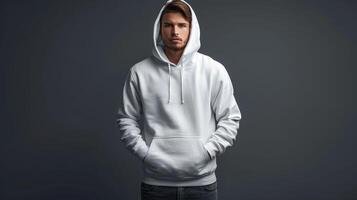 A man wearing a white hoodie is standing in front of a grey background photo