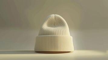 A white knit beanie hat is sitting on a table photo