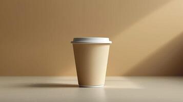 A coffee cup with a white lid sits on a table photo