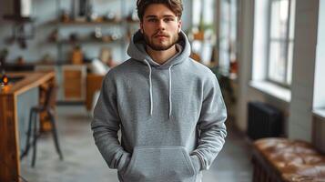 A man wearing a gray hoodie stands in a room with a brown leather bench photo