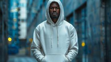 A man wearing a white hoodie stands in front of a building photo