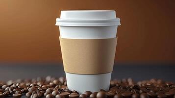 A white coffee cup with a brown sleeve sits on a table covered in coffee beans photo