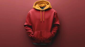 A red hoodie with a yellow trim is displayed on a red background photo
