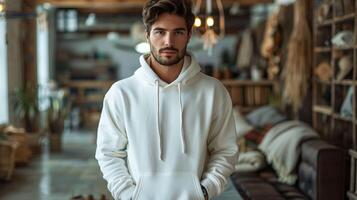 A man wearing a white hoodie stands in front of a couch photo