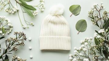 A white hat with a pom pom on top sits on a table next to a bunch of flowers photo