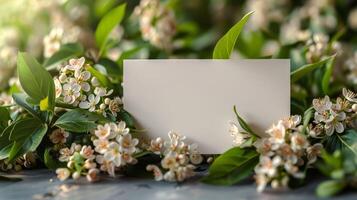 A white card is placed in a field of flowers photo
