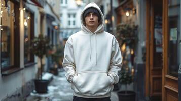 A man wearing a white hoodie stands in front of a building photo