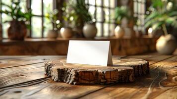 A white card is sitting on a wooden table photo