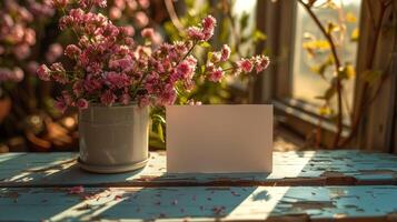 A white card sits on a wooden table next to a vase of pink flowers photo