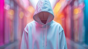 A person is wearing a hoodie and is standing in a hallway photo