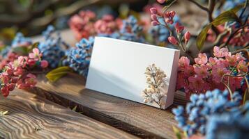 A white card with a flower on it is on a wooden table photo