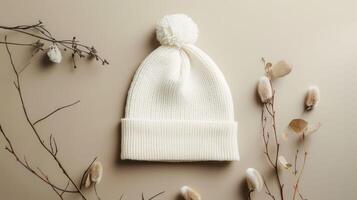 A white hat with a pom pom sits on a table next to some dried flowers photo