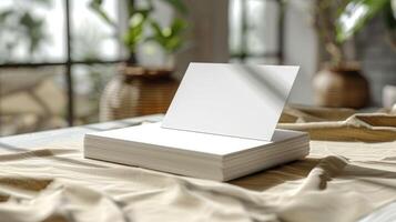 A stack of white cards is open on a table photo