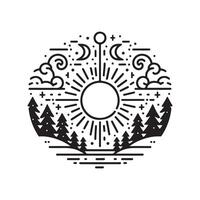 A black and white logo with a sun and trees vector
