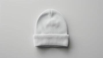 A white knit hat is sitting on a white surface photo