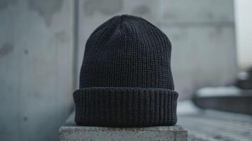A black knit beanie hat is sitting on a stone ledge photo