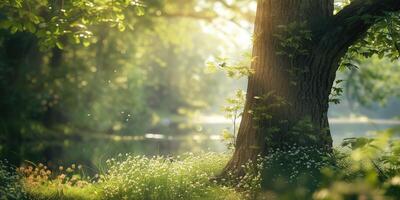 morning in the forest forest with magical rays of light through the trees photo